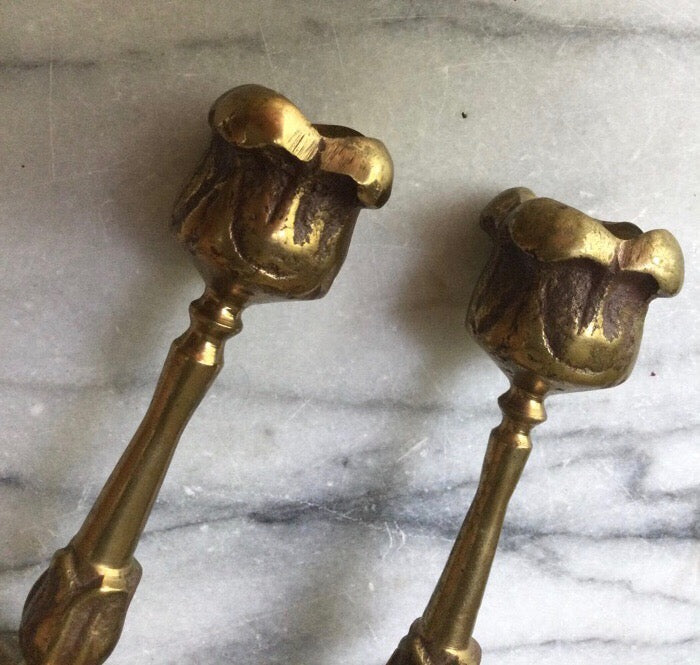 (I#) Vtg Pair of Brass Tulip Candlestick Holders