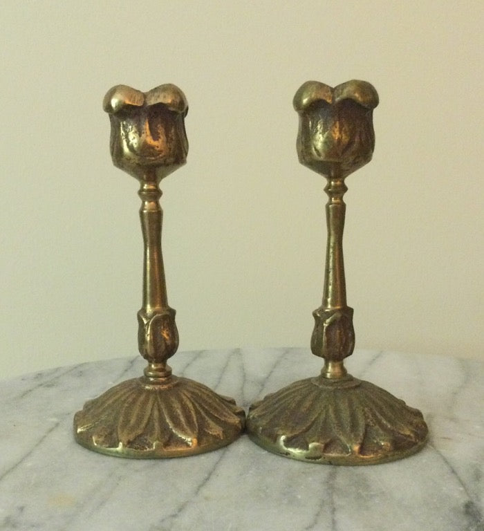 (I#) Vtg Pair of Brass Tulip Candlestick Holders