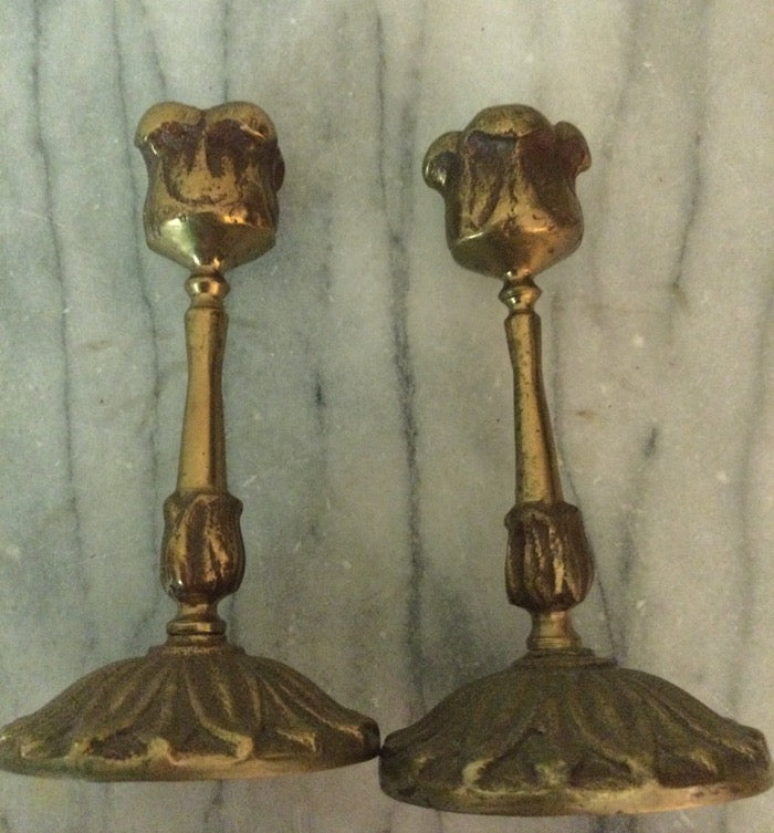 (I#) Vtg Pair of Brass Tulip Candlestick Holders