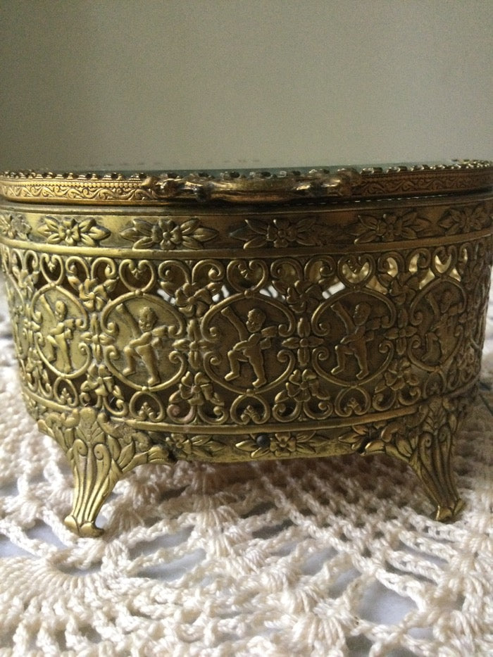 (E#) Ormolu Filiagree Jewelry Box w/ beveled glass lid